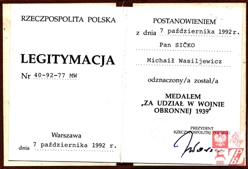 LegitymacjaMichała Sićko o nadaniu mu Medalu "Za udział w wojnie obronnej 1939"
